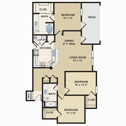 Floor plan for 3 beds, 2 baths, 1245 sqft