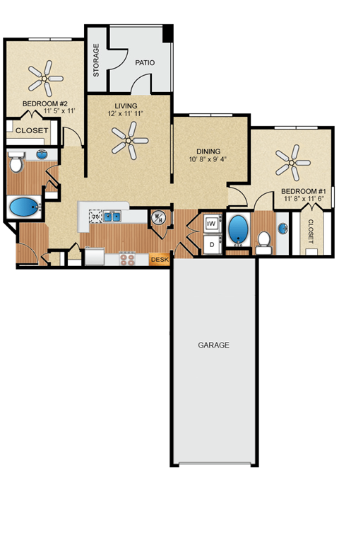 Floor plan for 2 beds, 2 baths, 1147 sqft