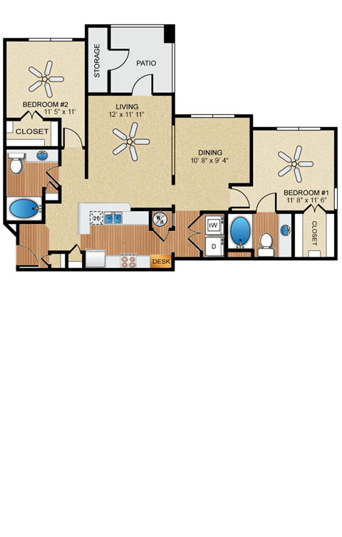 Floor plan for 2 beds, 2 baths, 1147 sqft