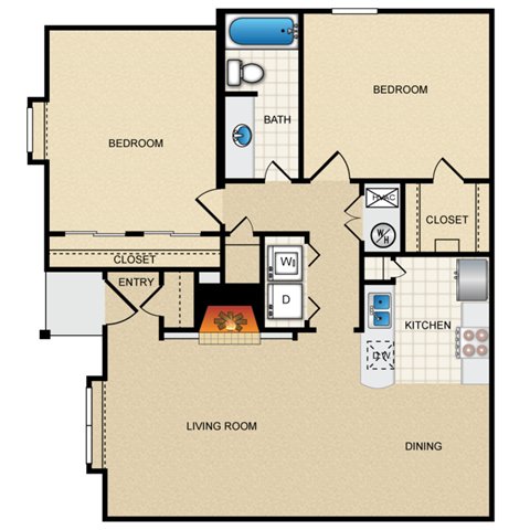 Floor plan for 2 beds, 1 bath, 938 sqft