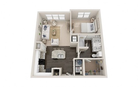 Floor plan for 1 bed, 1 bath, 718 sqft