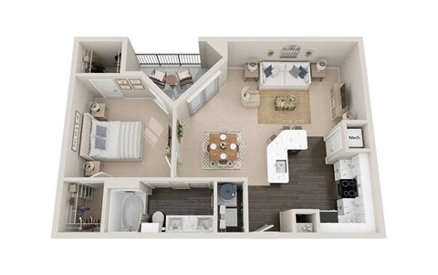 Floor plan for 1 bed, 1 bath, 924 sqft