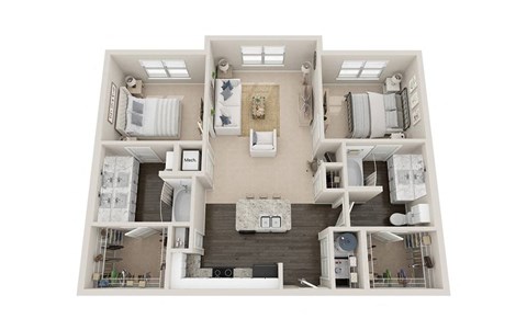 Floor plan for 2 beds, 2 baths, 1045 sqft