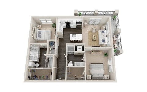 Floor plan for 2 beds, 2 baths, 1257 sqft