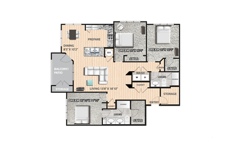 Floor plan for 3 beds, 2 baths, 1563 sqft