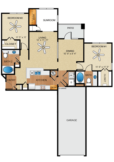 Floor plan for 2 beds, 2 baths, 1267 sqft