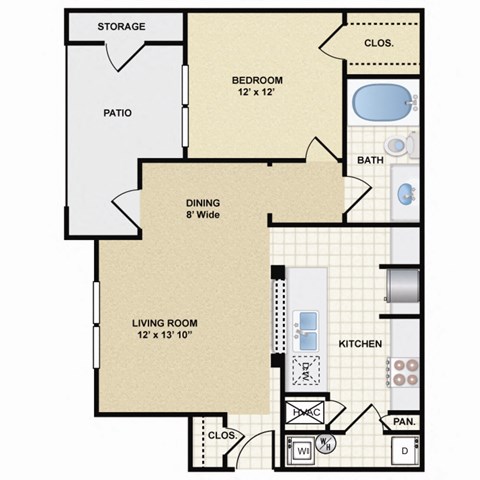 Floor plan for 1 bed, 1 bath, 701 sqft