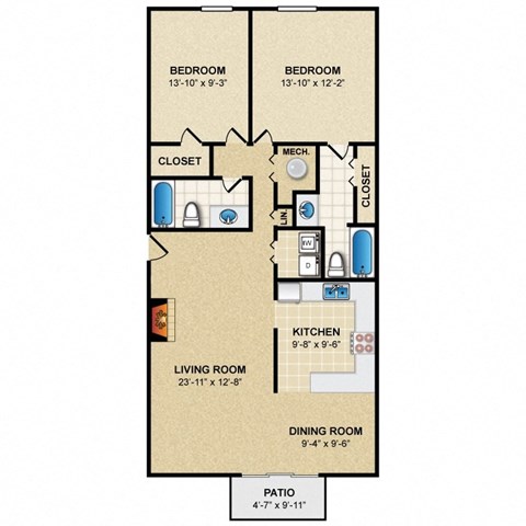 Floor plan for 2 beds, 2 baths, 1104 sqft