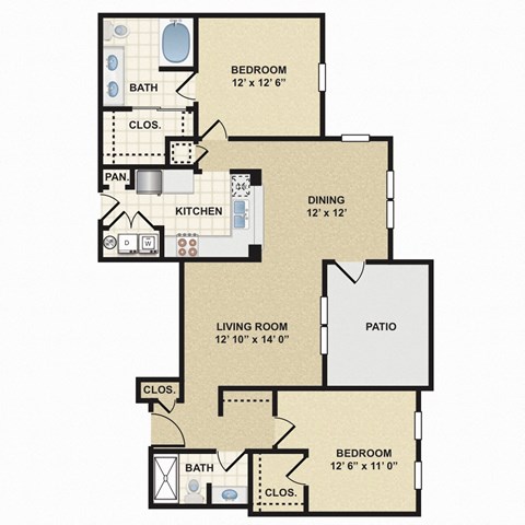 Floor plan for 2 beds, 2 baths, 1185 sqft