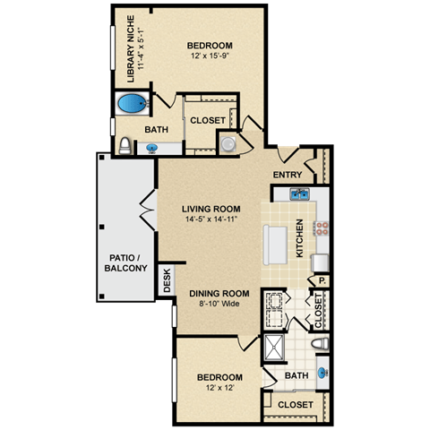 Floor plan for 2 beds, 2 baths, 1384 sqft