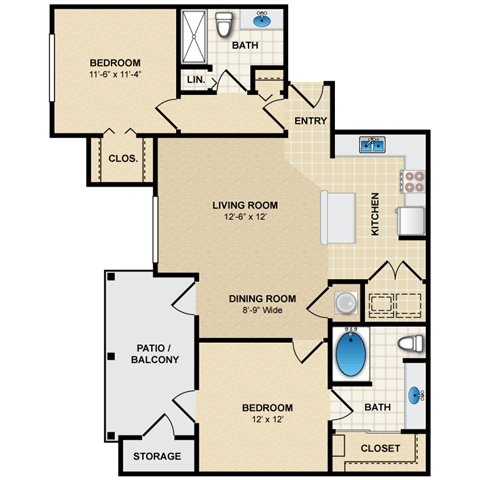 Floor plan for 2 beds, 2 baths, 1042 sqft