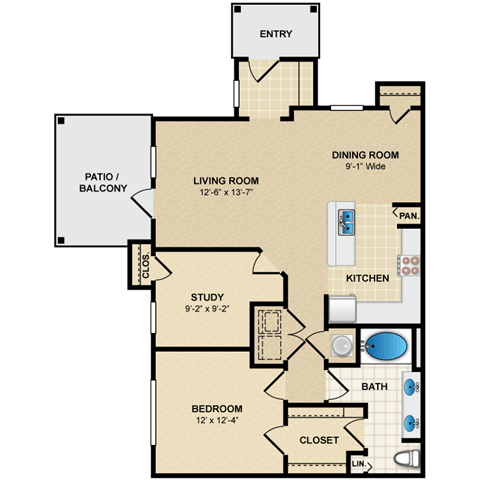 Floor plan for 1 bed, 1 bath, 996 sqft