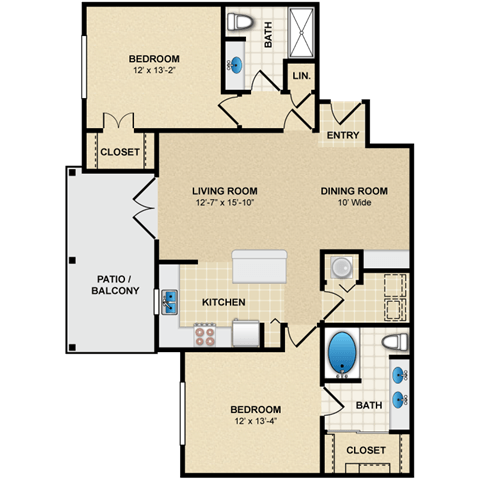 Floor plan for 2 beds, 2 baths, 1152 sqft