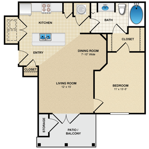 Floor plan for 1 bed, 1 bath, 704 sqft
