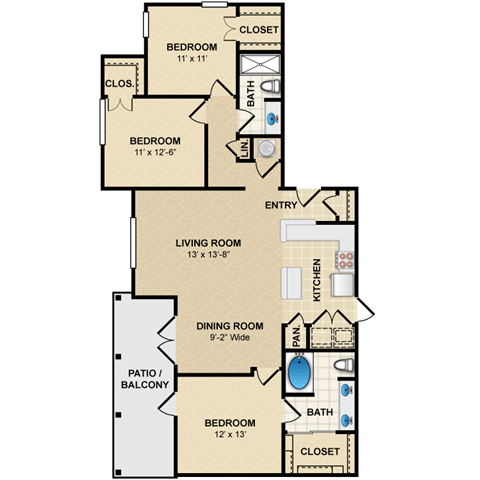 Floor plan for 3 beds, 2 baths, 1356 sqft