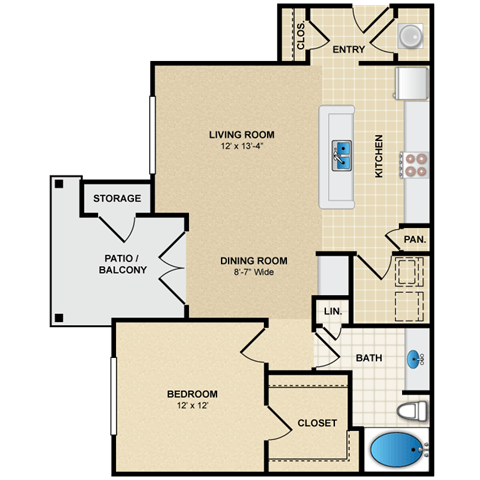 Floor plan for 1 bed, 1 bath, 794 sqft