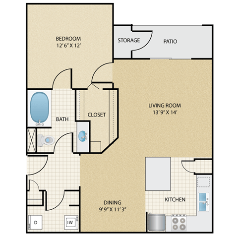 Floor plan for 1 bed, 1 bath, 798 sqft