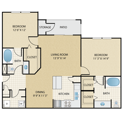 Floor plan for 2 beds, 2 baths, 1140 sqft