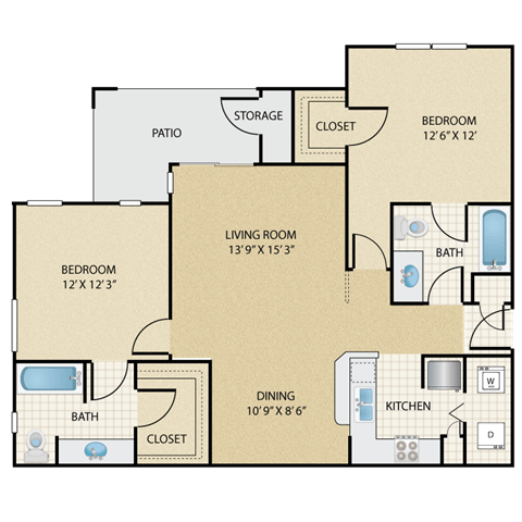 Floor plan for 2 beds, 2 baths, 1050 sqft