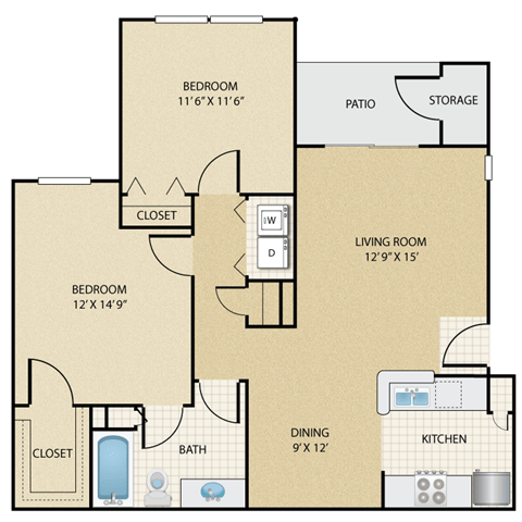 Floor plan for 2 beds, 1 bath, 901 sqft