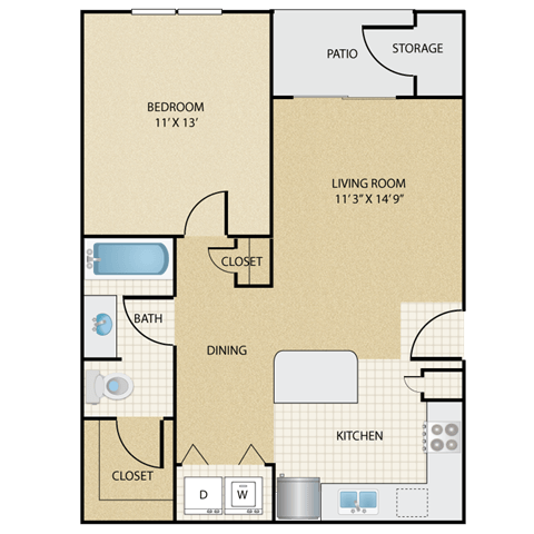 Floor plan for 1 bed, 1 bath, 633 sqft