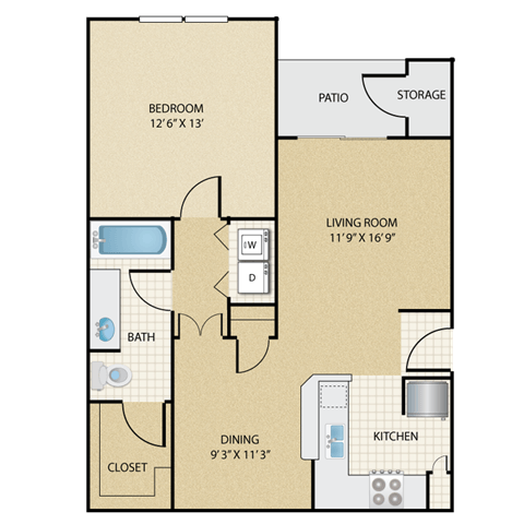 Floor plan for 1 bed, 1 bath, 729 sqft