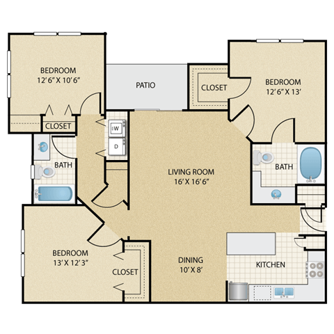 Floor plan for 3 beds, 2 baths, 1276 sqft