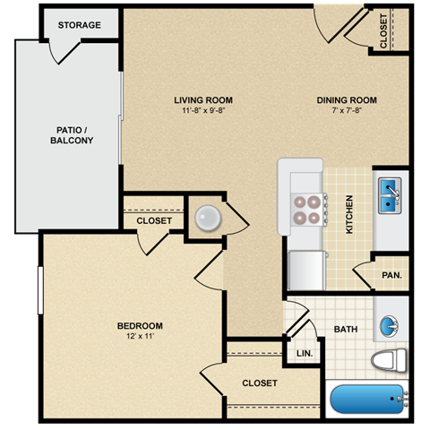 Floor plan for 1 bed, 1 bath, 549 sqft