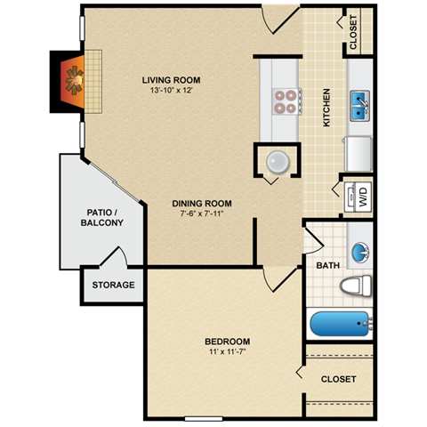 Floor plan for 1 bed, 1 bath, 618 sqft