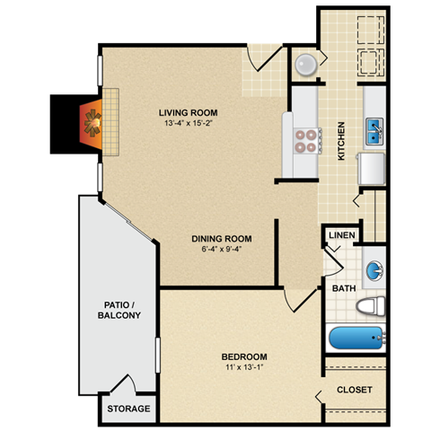 Floor plan for 1 bed, 1 bath, 689 sqft