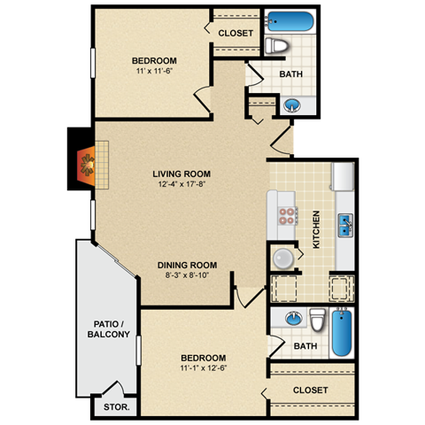 Floor plan for 2 beds, 2 baths, 972 sqft