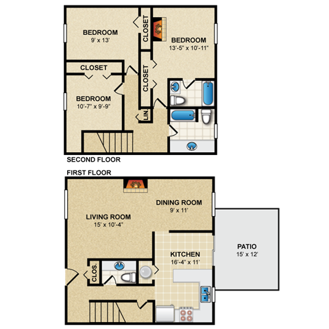 Floor plan for 3 beds, 2.5 baths, 1587 sqft