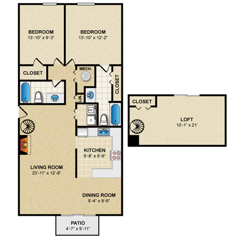 Floor plan for 2 beds, 2 baths, 1357 sqft