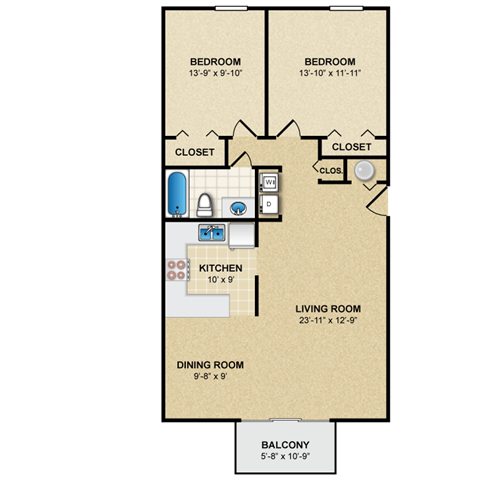 Floor plan for 2 beds, 1 bath, 1012 sqft