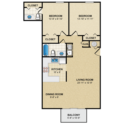 Floor plan for 2 beds, 1.5 baths, 1087 sqft