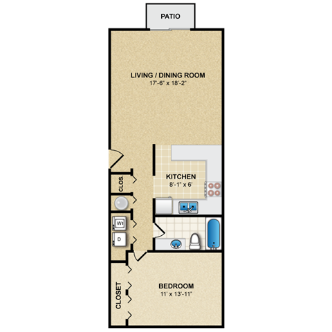 Floor plan for 1 bed, 1 bath, 748 sqft