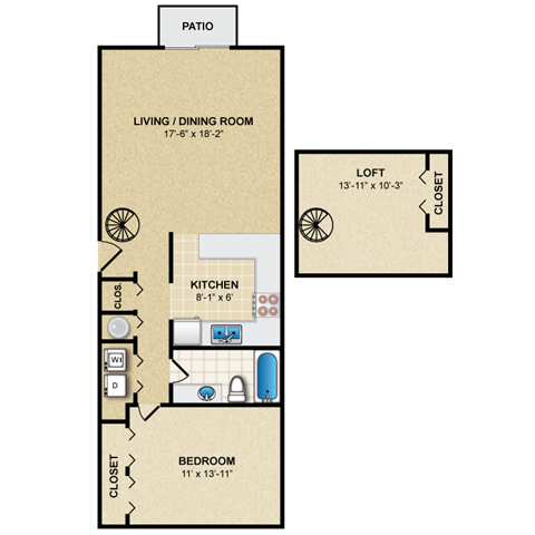 Floor plan for 1 bed, 1 bath, 948 sqft