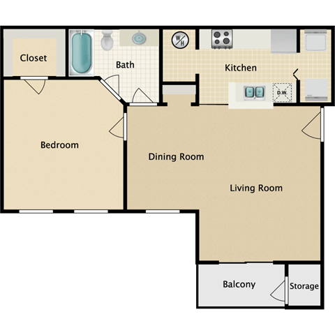 Floor plan for 1 bed, 1 bath, 732 sqft