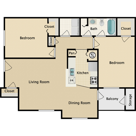 Floor plan for 2 beds, 1 bath, 964 sqft