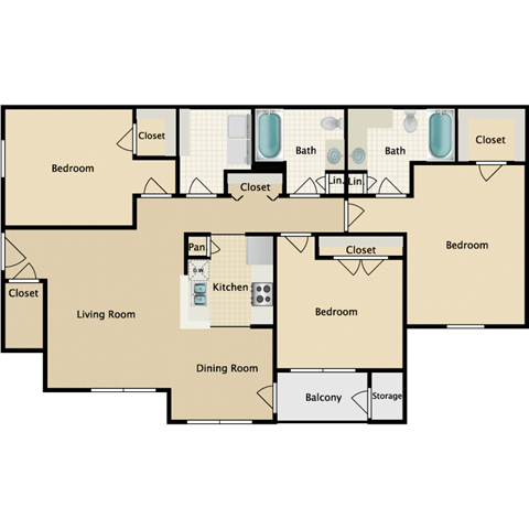 Floor plan for 3 beds, 2 baths, 1260 sqft