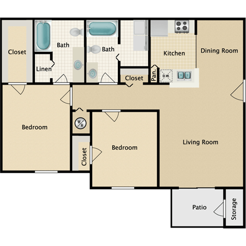 Floor plan for 2 beds, 2 baths, 980 sqft