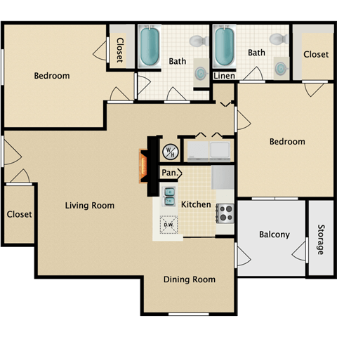 Floor plan for 2 beds, 2 baths, 1017 sqft