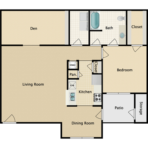 Floor plan for 1 bed, 1 bath, 1087 sqft