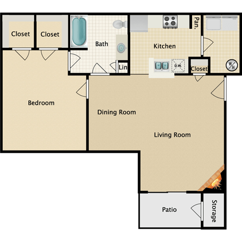 Floor plan for 1 bed, 1 bath, 811 sqft