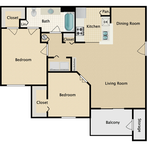 Floor plan for 2 beds, 1 bath, 905 sqft