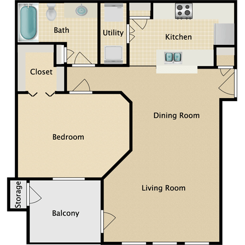 Floor plan for 1 bed, 1 bath, 704 sqft