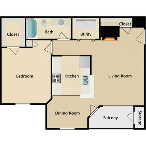 Floor plan for 1 bed, 1 bath, 763 sqft