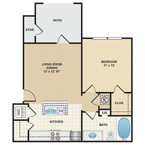 Floor plan for 1 bed, 1 bath, 598 sqft