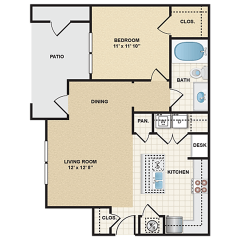 Floor plan for 1 bed, 1 bath, 737 sqft