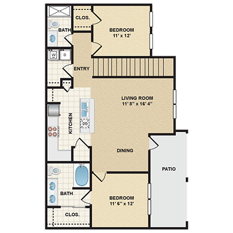Floor plan for 2 beds, 2 baths, 1122 sqft
